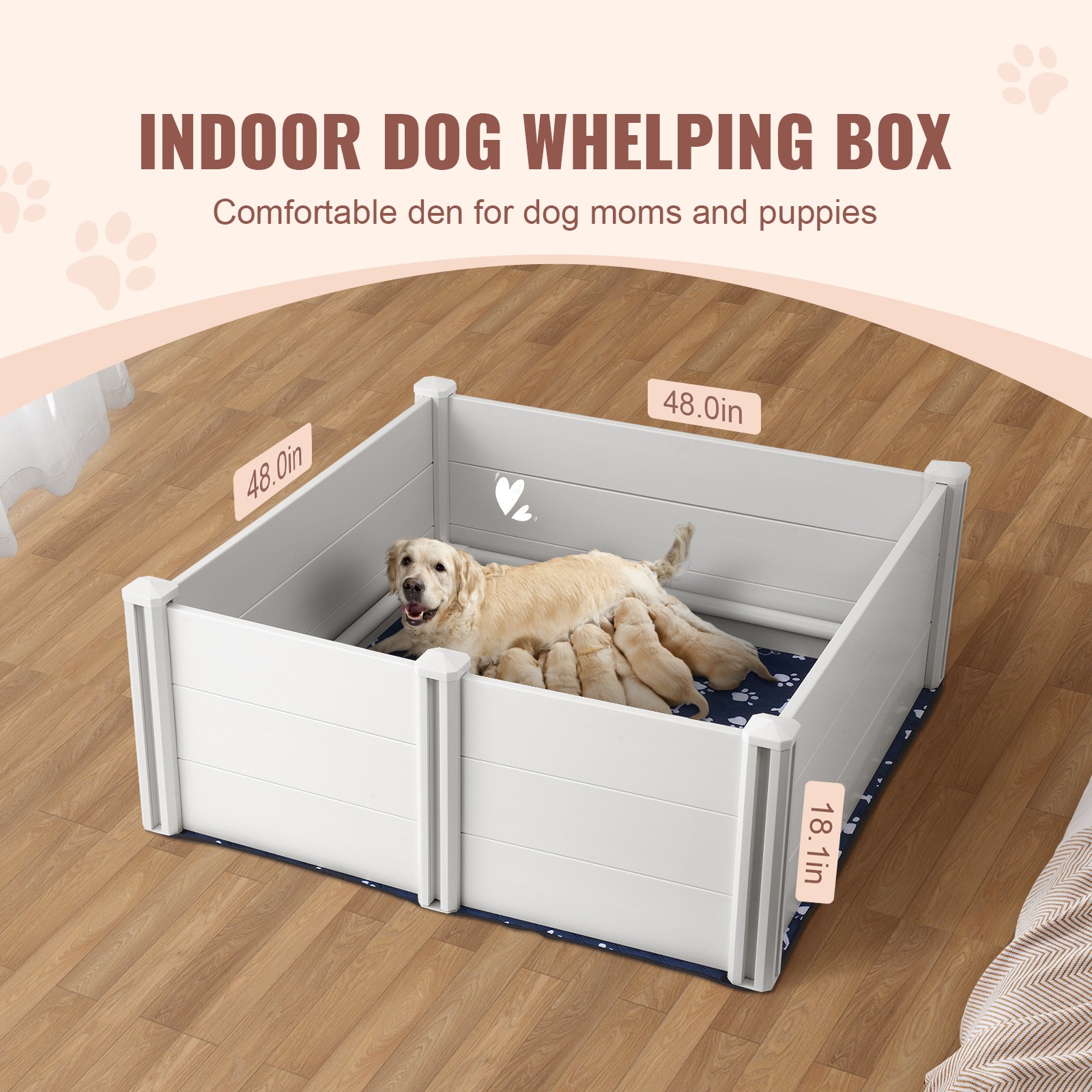 Dog Whelping Box 48 x 48 x 18.1in PVC with Rails Pee Pad for Dogs Puppies