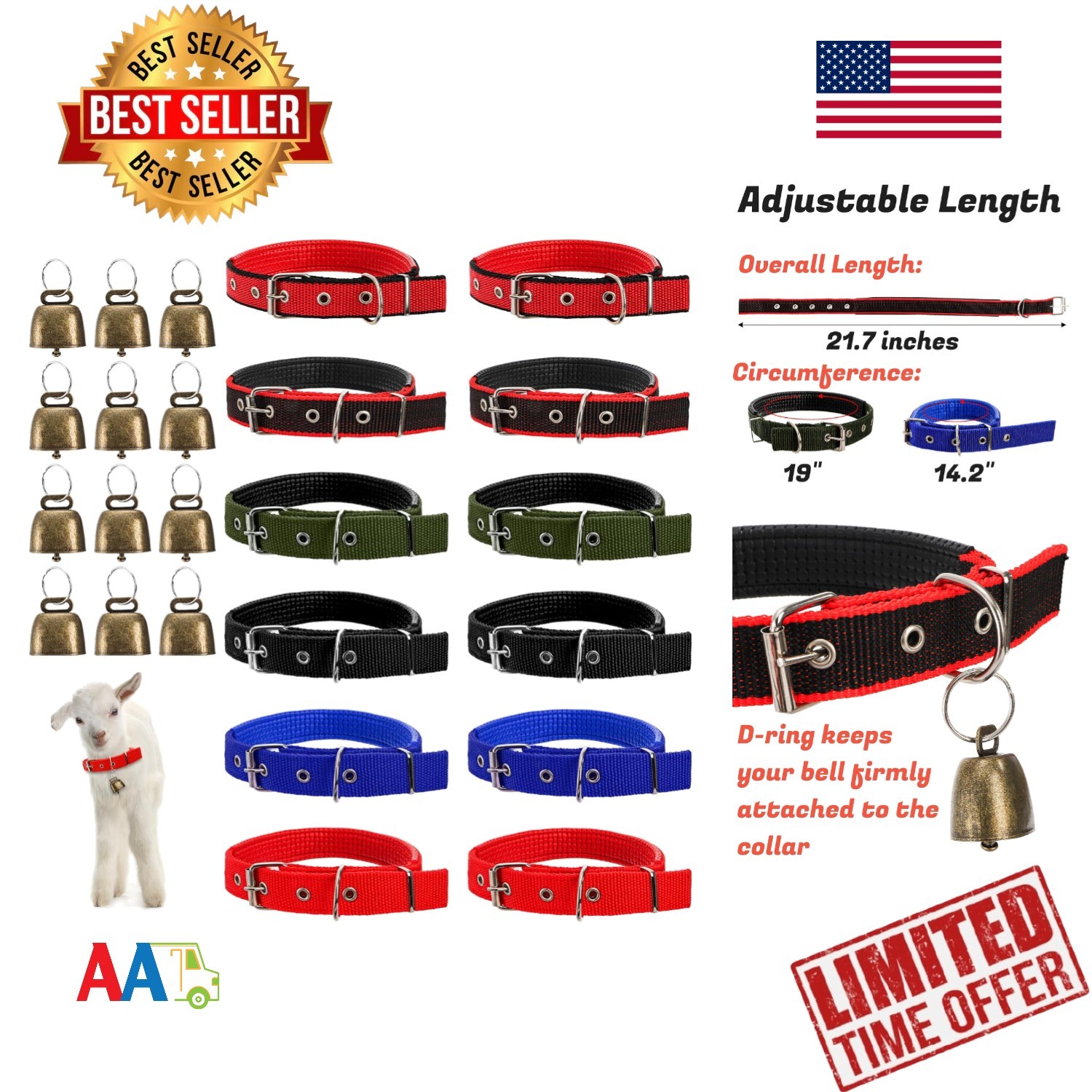 12 Pack Goat Collars with Bells, Adjustable Nylon Sheep Collar with Anti-Lost