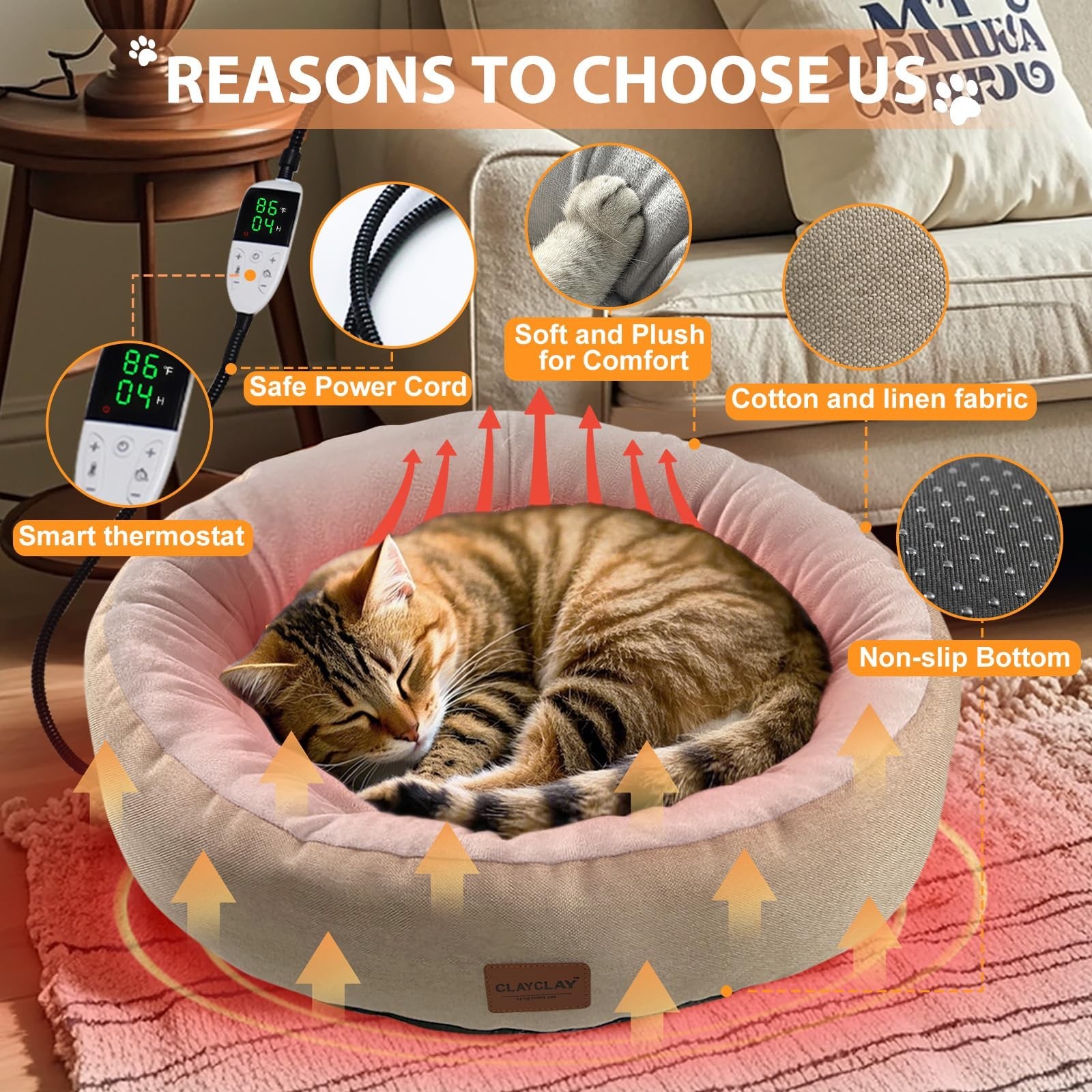 CLAYCLAY Heated Cat Bed, Round Heated Pet Bed for Indoor Cats, 20″ Cozy with …