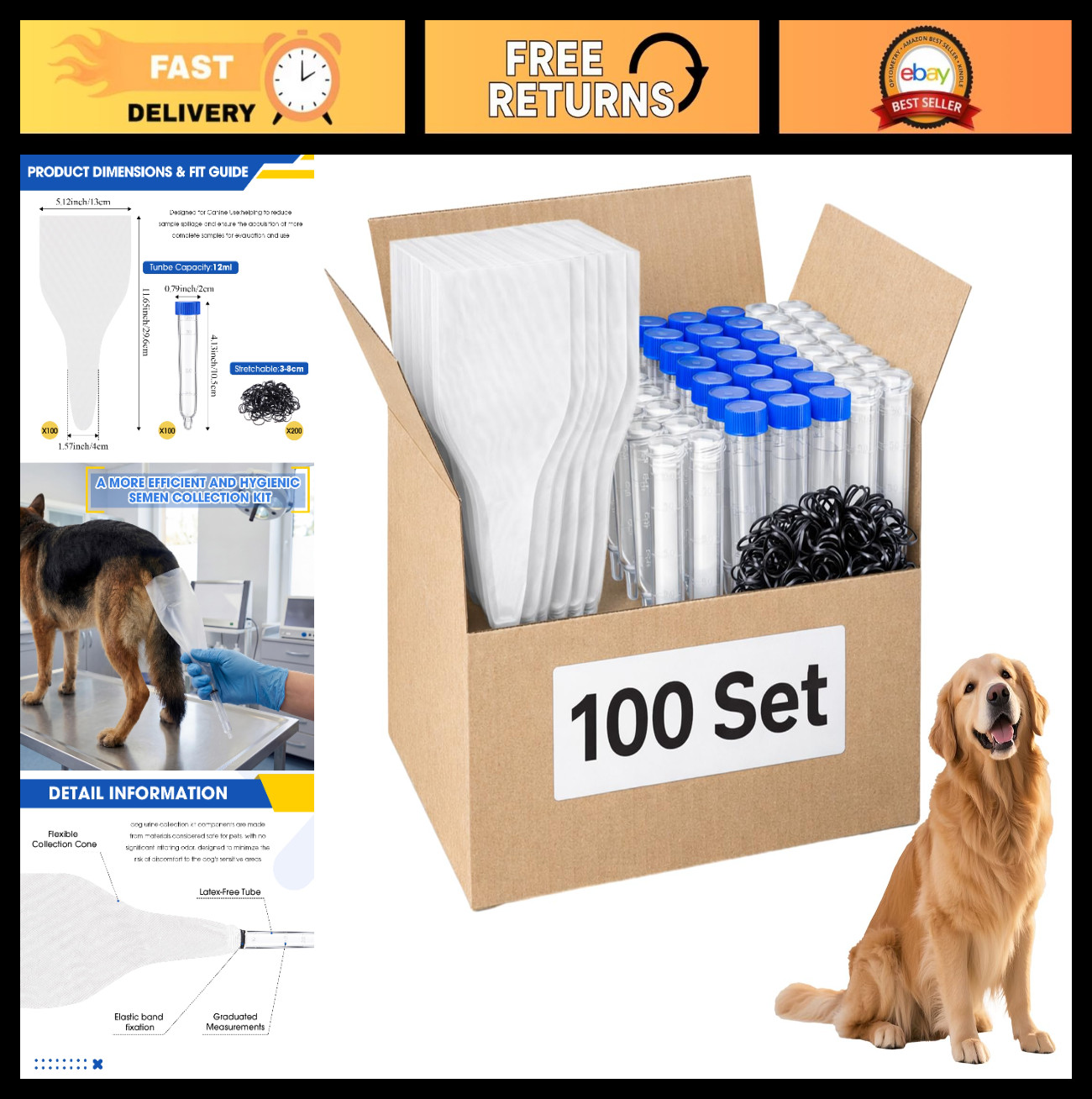 100 Set Dog Artificial Insemination Kit – Canine Semen Collection Cones & Tubes