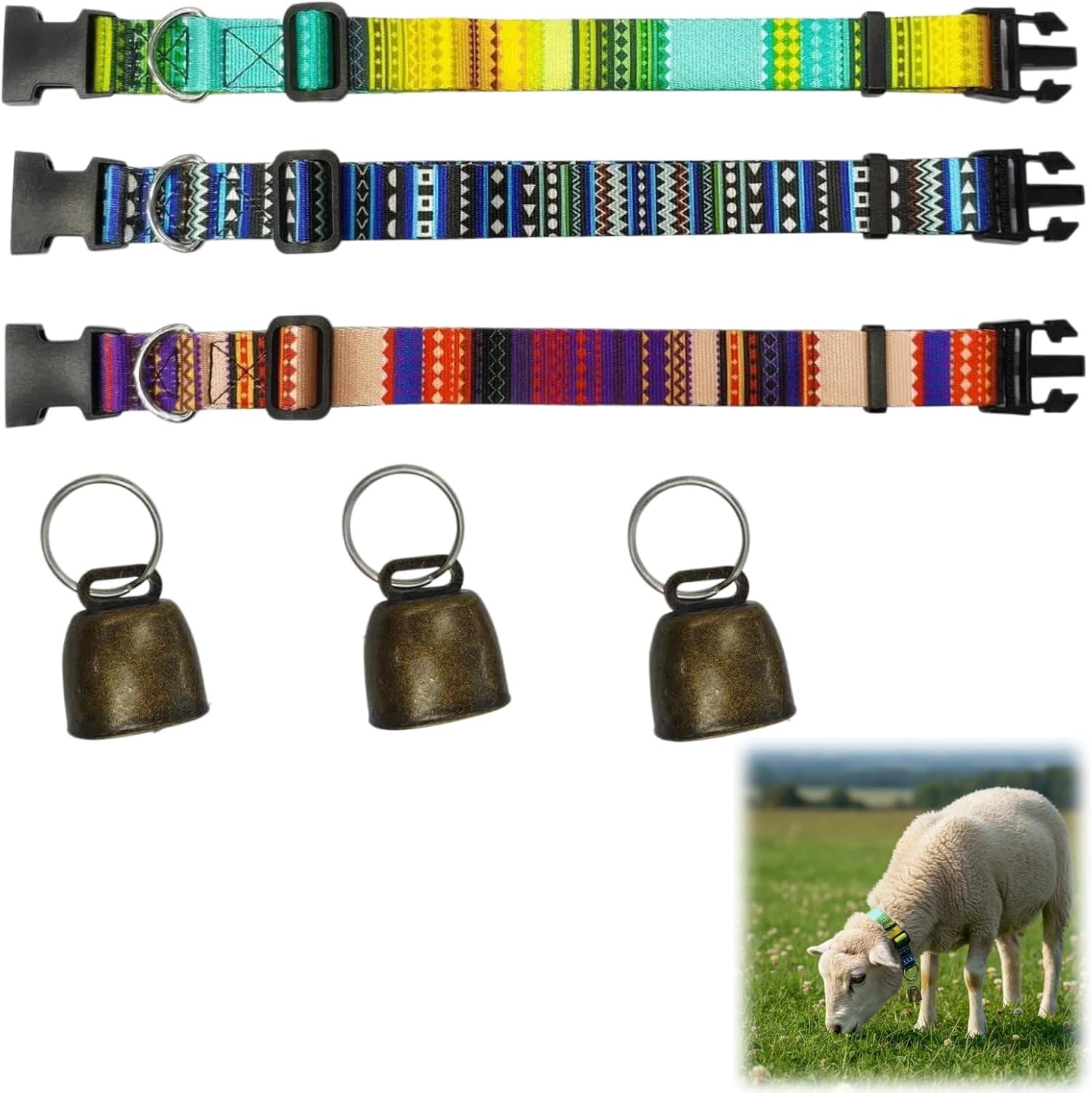 Goat Collars and Bells，Durable Nylon Adjustable Collar for Farm Animals, Sheep,