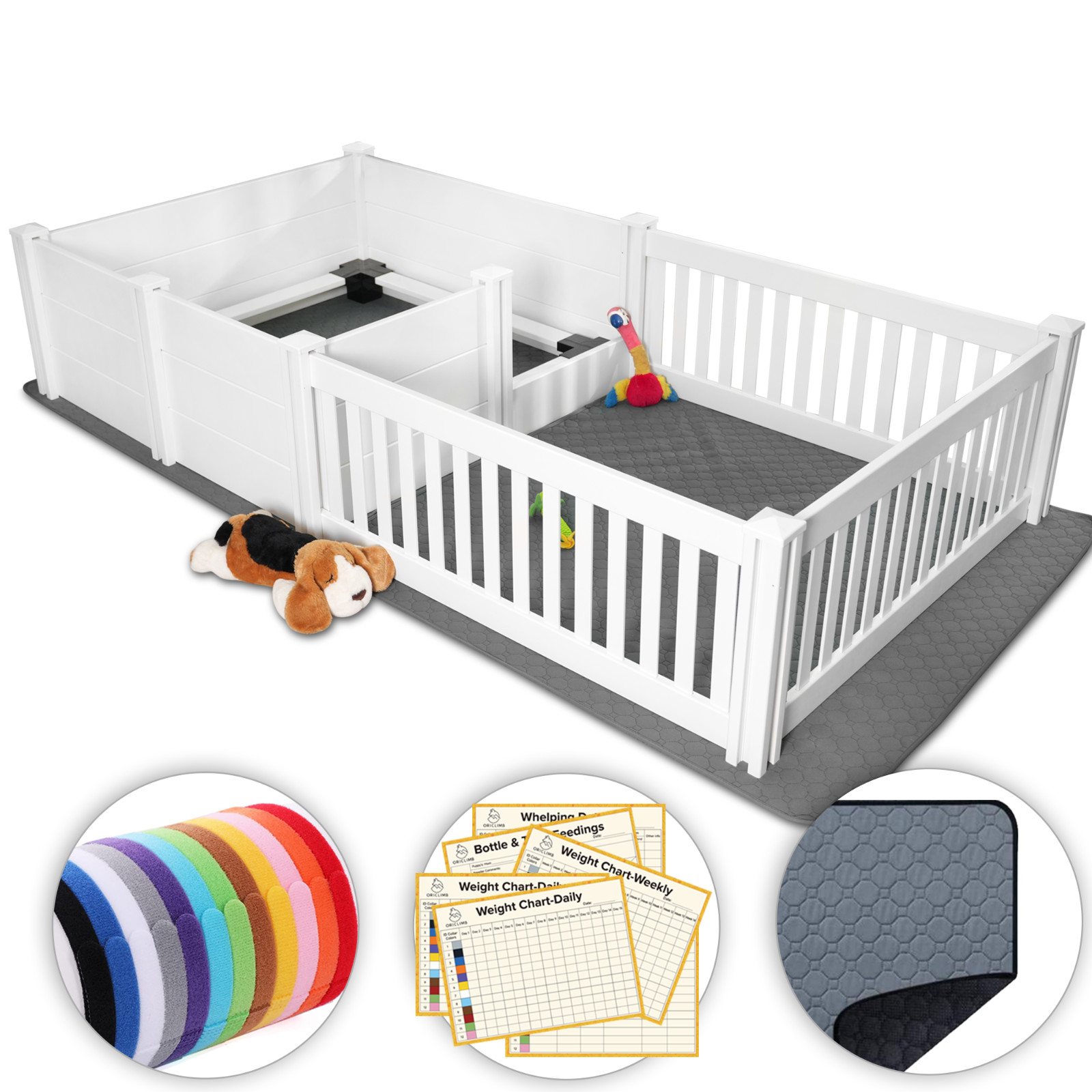 Pet Pumpkin Whelping Box for Dogs w/ Rails 42×42″ Washable Mat 12-Collar 3-Chart