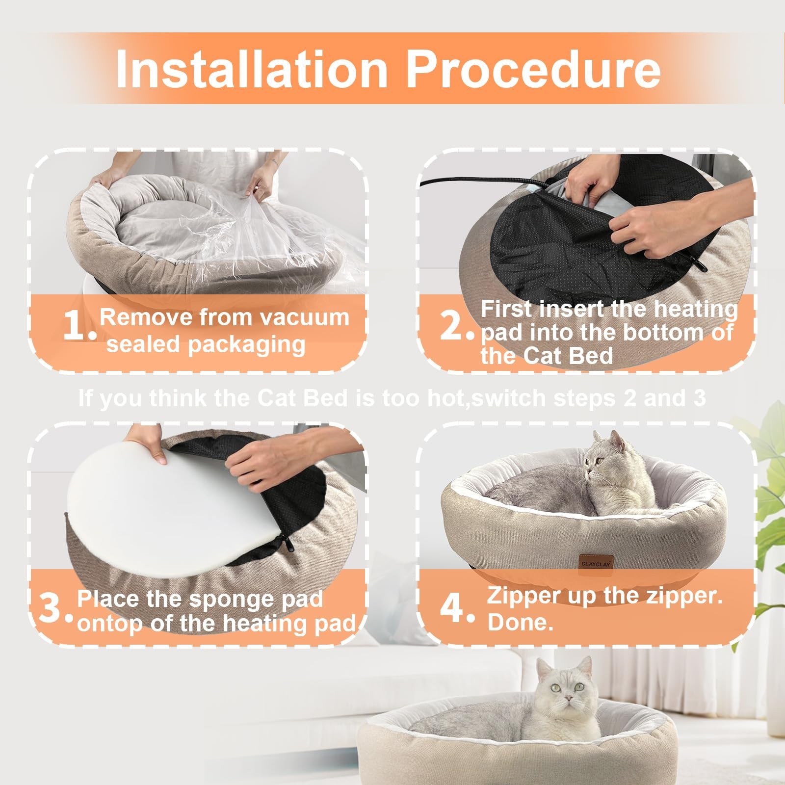 CLAYCLAY Heated Cat Bed, Round Heated Pet Bed for Indoor Cats, 20″ Cozy with …