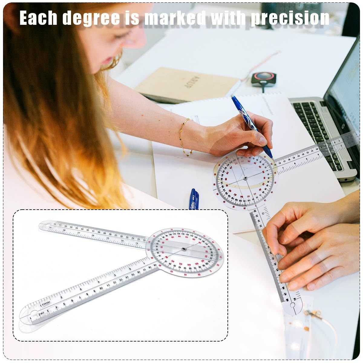 Goniometer 12 inch, Transparent Orthopedic Angle Ruler Plastic Goniometer, 360 D