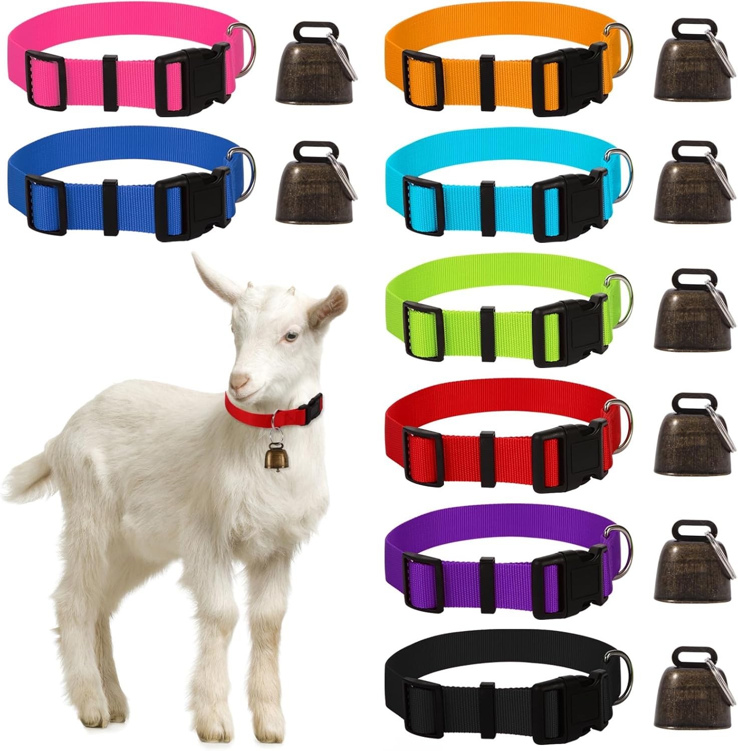 8 Pack Goat Adjustable Nylon Collars with Grazing Copper Bells