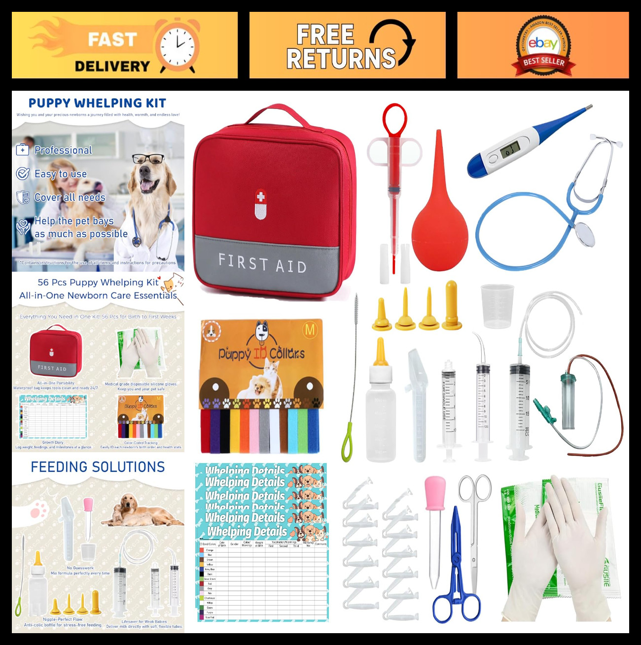Whelping Kit for Puppies & Kittens – Essential Supplies, Collars, Thermometer &