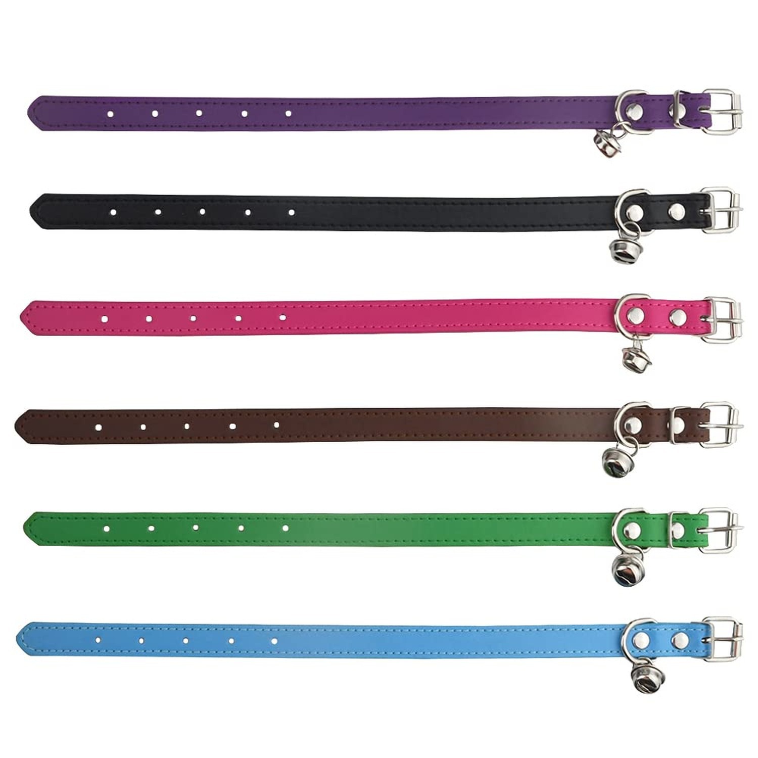 6Pcs Leather Pet Collars with Bell Adjustable 20-28cm Soft Identification Lea…