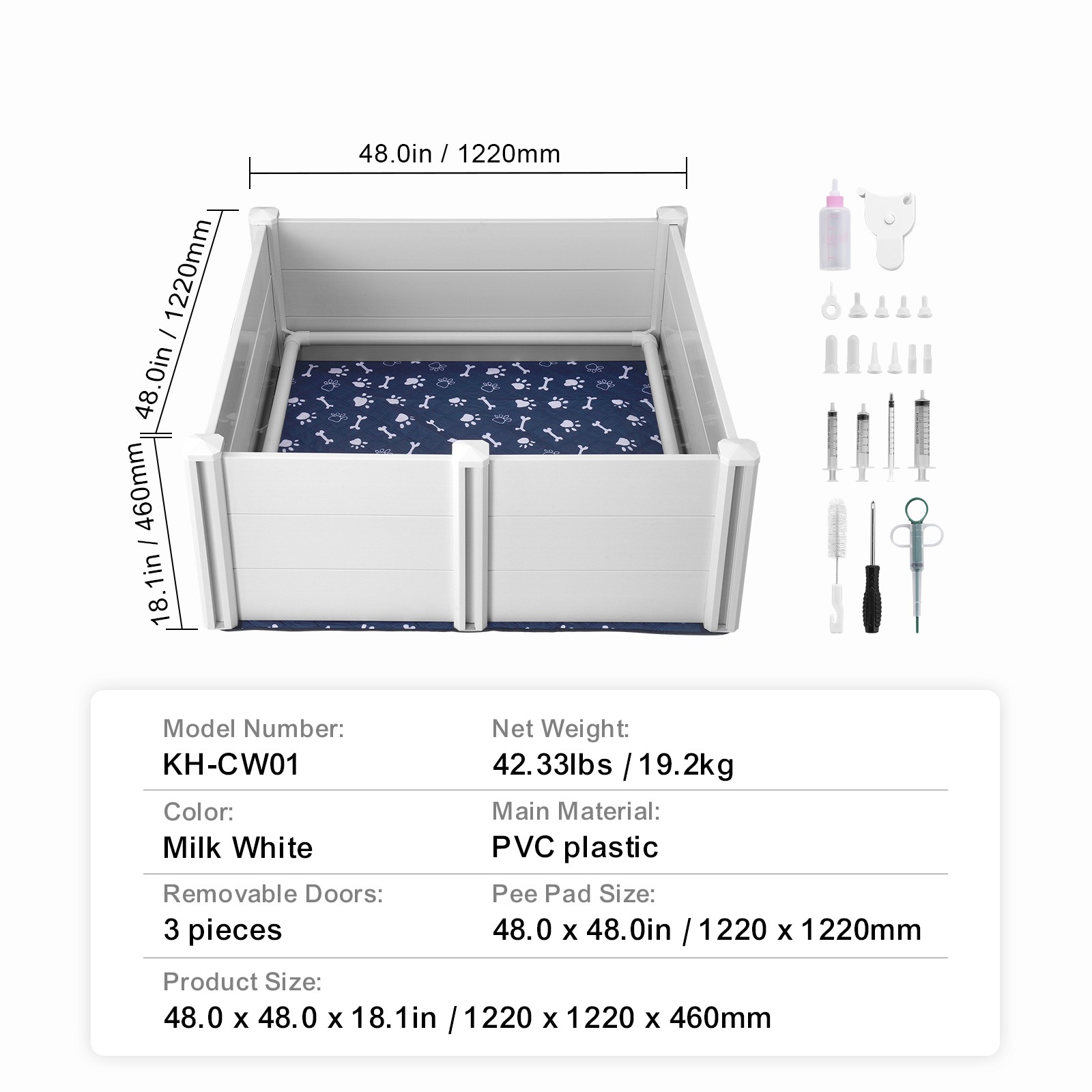 Dog Whelping Box 48 x 48 x 18.1in PVC with Rails Pee Pad for Dogs Puppies