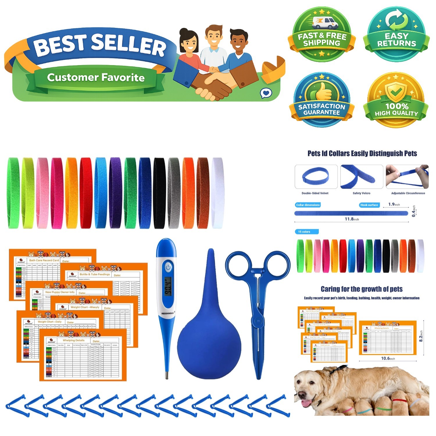 Complete Whelping Kit for Newborn Puppies and Kittens – 6 Charts & 15 ID Collars