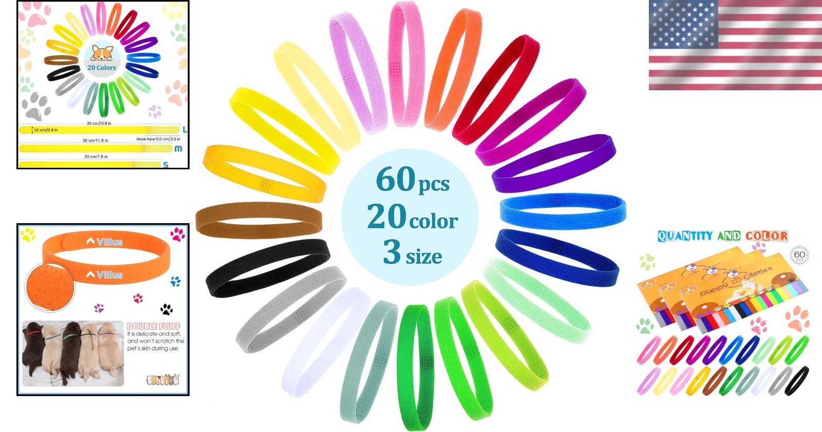 60 Puppy ID Bands in 20 Colors – Adjustable Whelping Collars