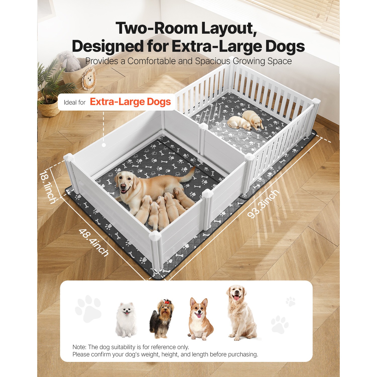 Dog Whelping Box 93.3×48.4×18.1 inch Door Height Adjustable for Extra Large Dogs