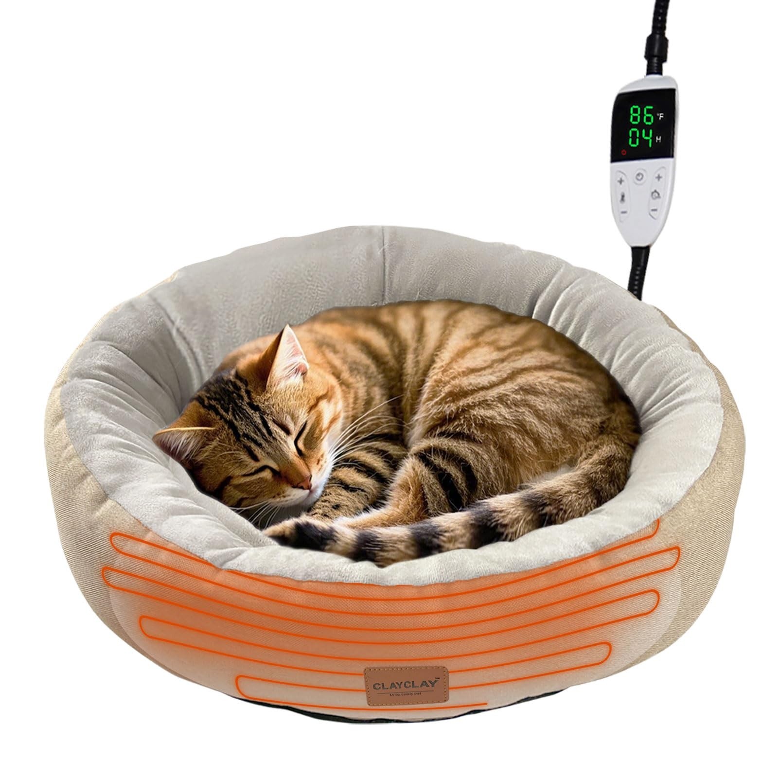 CLAYCLAY Heated Cat Bed, Round Heated Pet Bed for Indoor Cats, 20″ Cozy with …