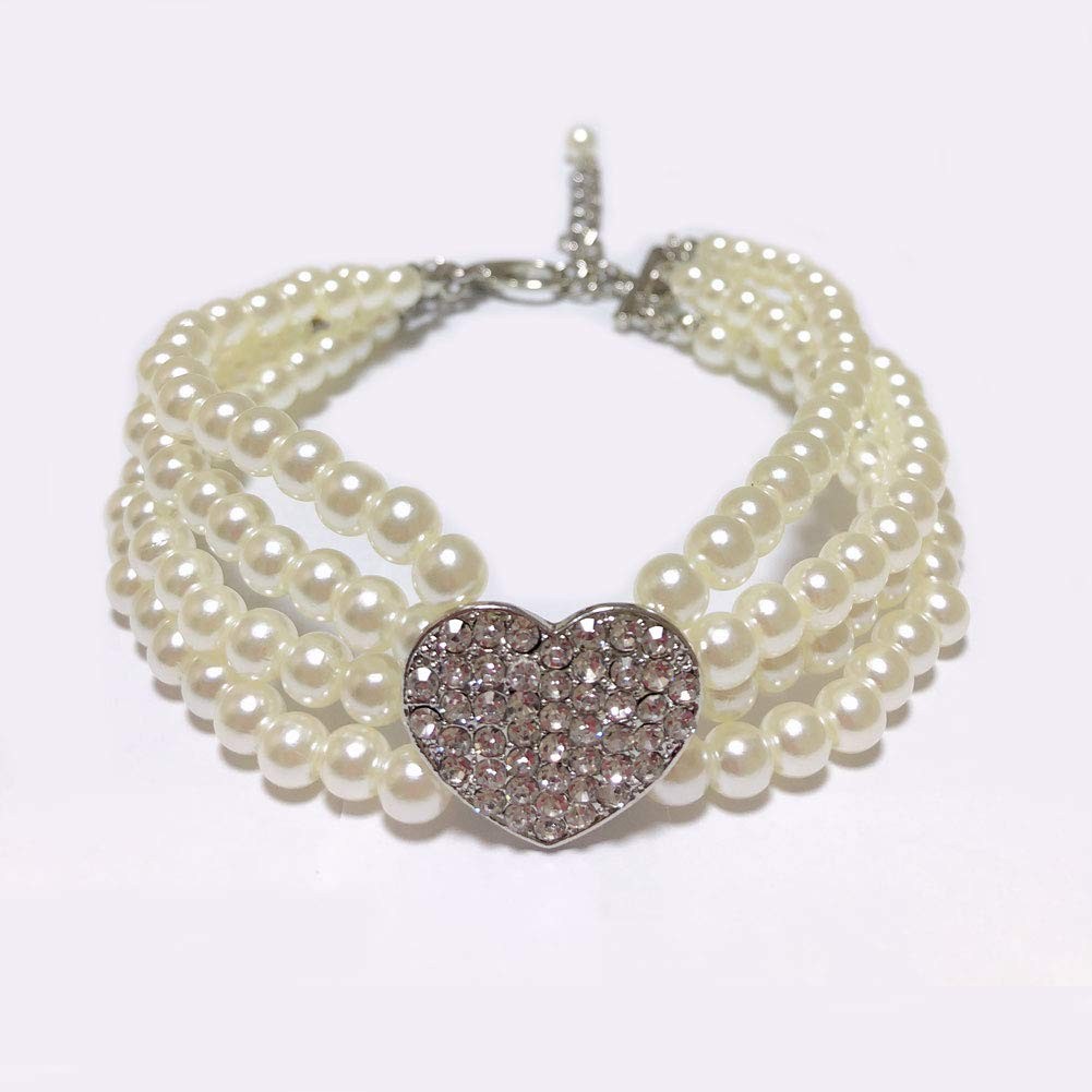 PETFAVORITES Dog Pearls Necklace Jewelry 10-12 Inch (Pack of 1), White Heart