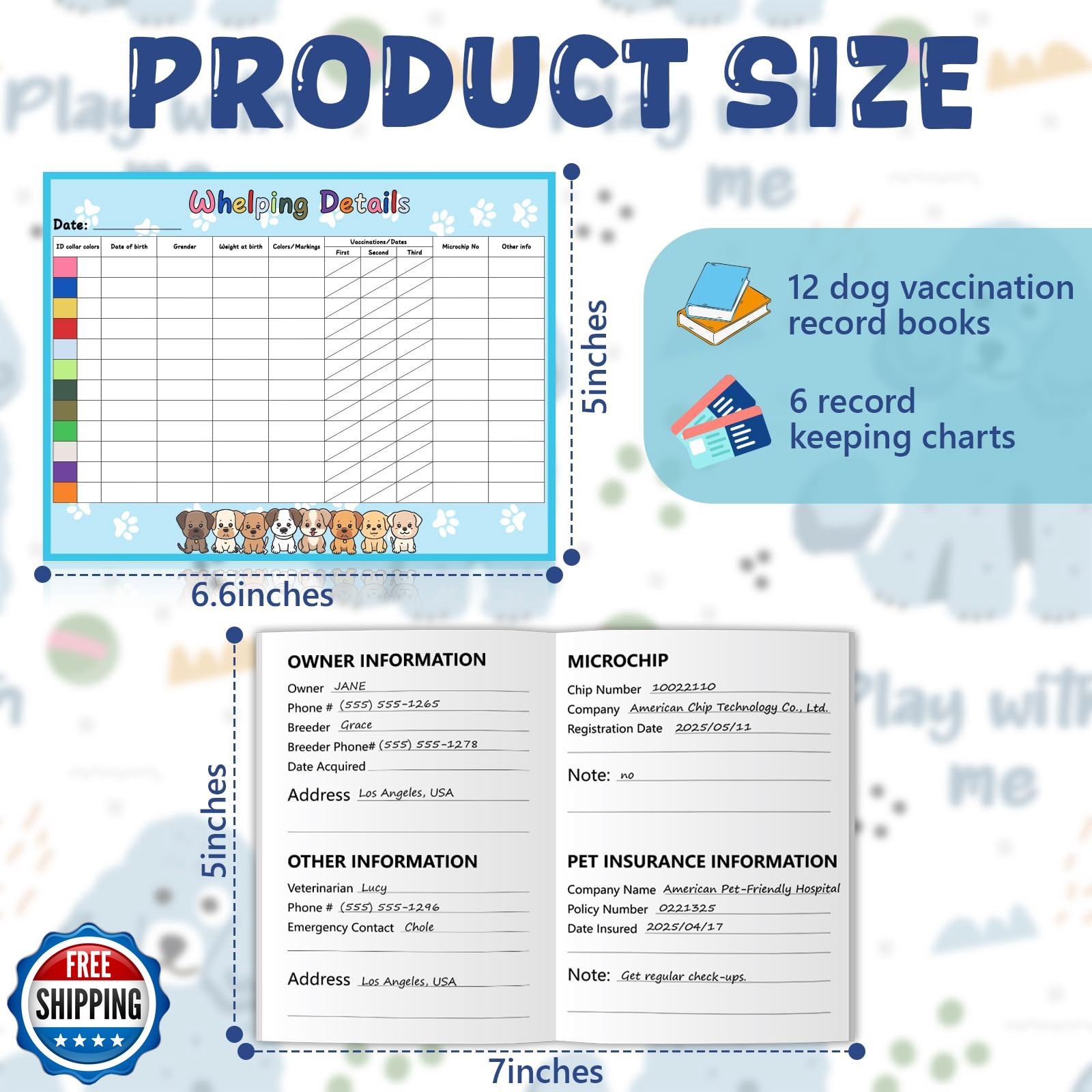 Puppy Whelping Supplies Kit Include 12 Puppy Shot Record Booklets 6 Record Ke…
