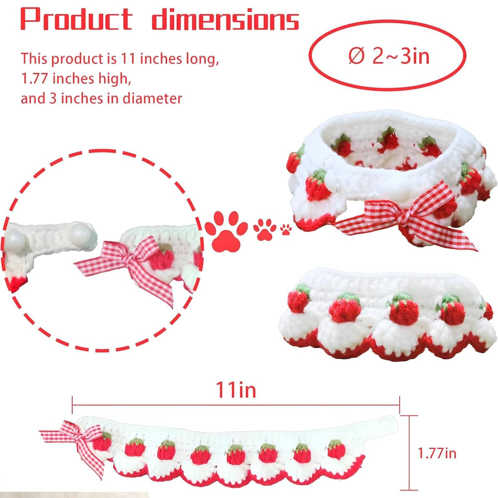 White Cat Kitten Collar Breakaway Cute Bow Tie Strawberry Pattern Neck 23 Inch