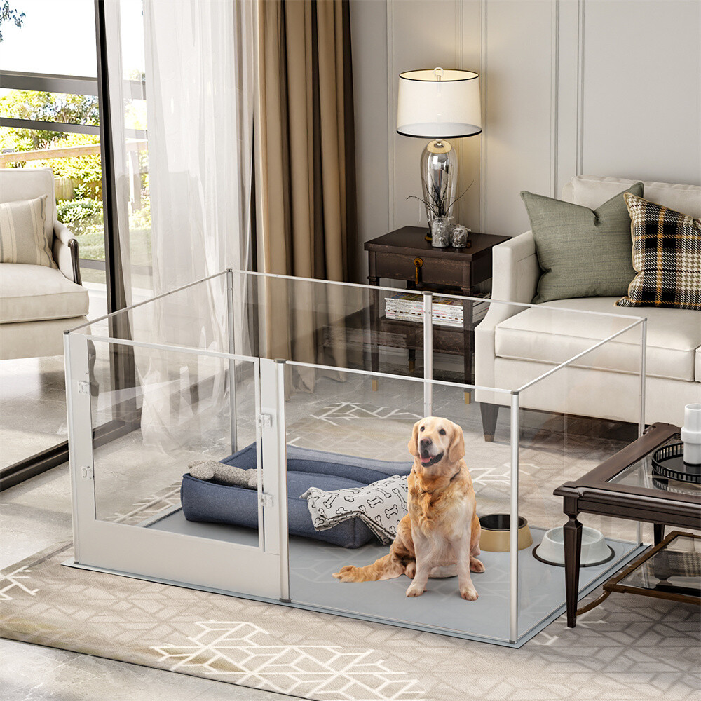 3 In 1 Pet Fence Tall Dog Whelping Playpen Box Clear Acrylic Kennel Crate w/ Pad