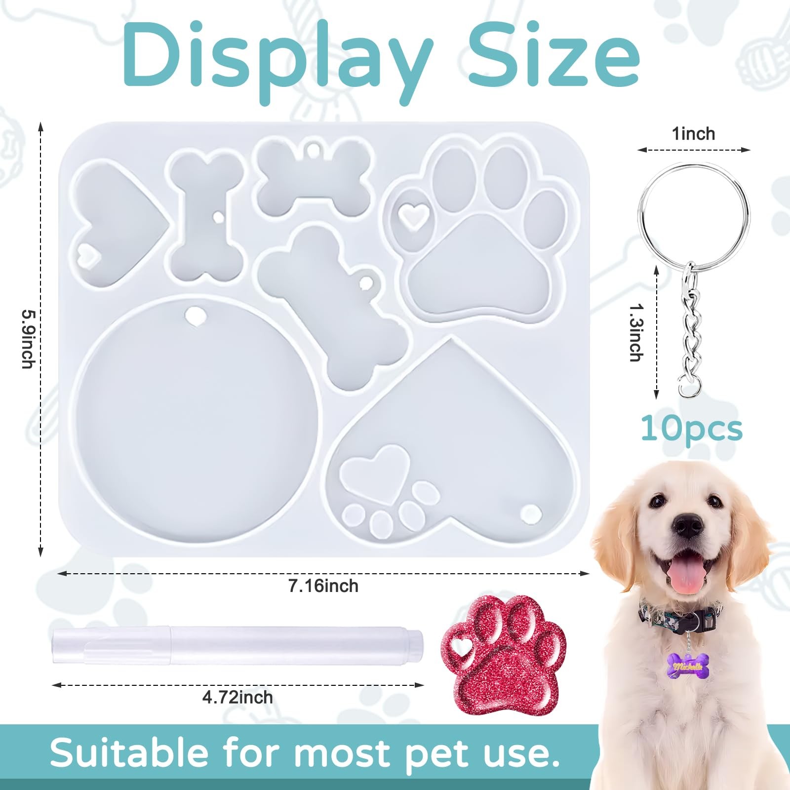 Pet Tag Resin Mold, Collar Tags Dog Bone Paw Round Shaped Keychain White