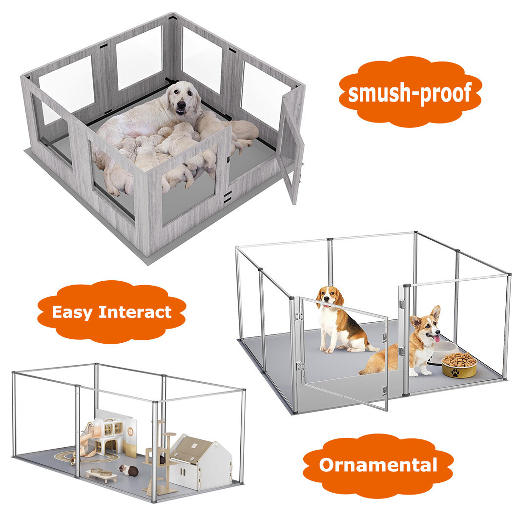 M-XXL Whelping Box with Waterproof Pad Clear Acrylic Puppies Pen Pet Dog Kennel