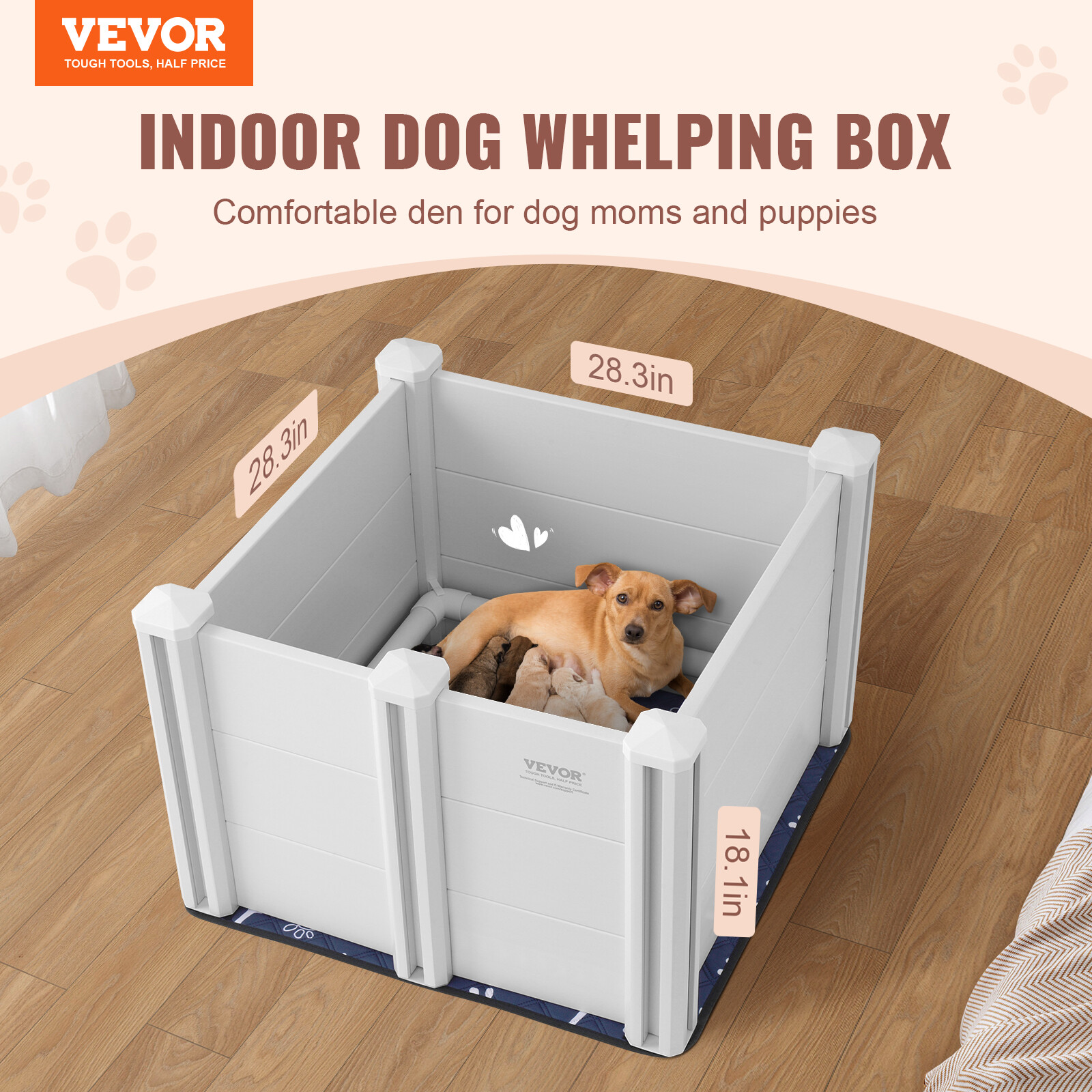 VEVOR Dog Whelping Box 28.3×28.3×18.1in PVC with Rails Pee Pad for Dogs Puppies