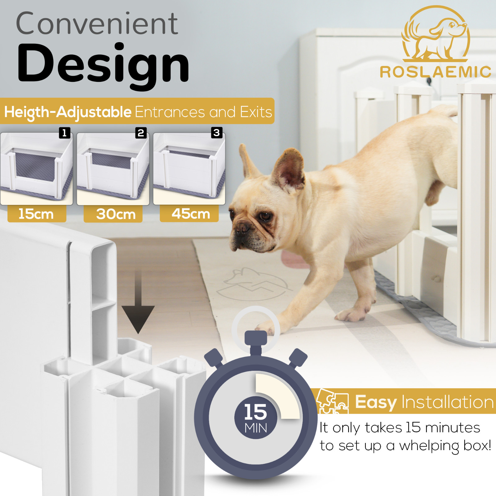 Pet Pumpkin Whelping Box for Dogs w/ Rails 42×42″ Washable Mat 12-Collar 3-Chart